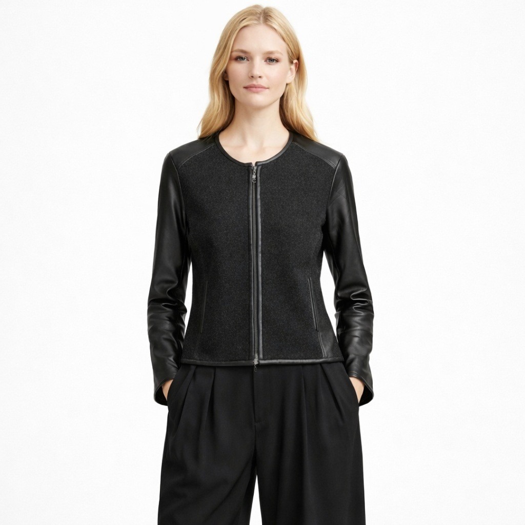 Eileen Fisher Wool Jacket Leather Sleeves Black Sz S Petite